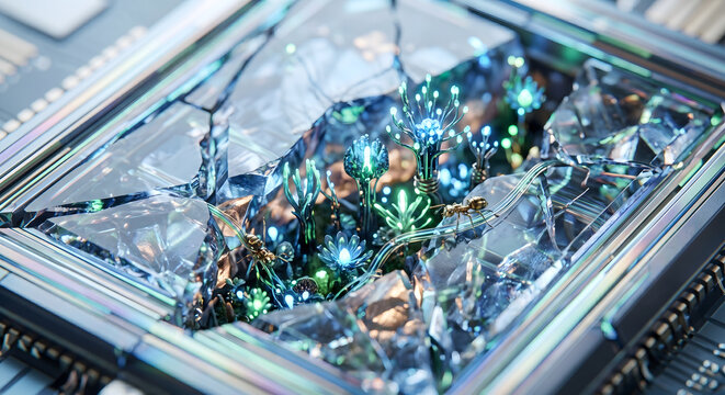 Broken microchip glowing alien forest ecosystem detail