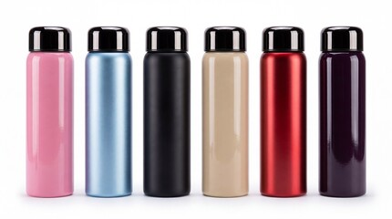 Obraz premium Six colorful reusable metal water bottles arranged in a neat row for this studio product on white background