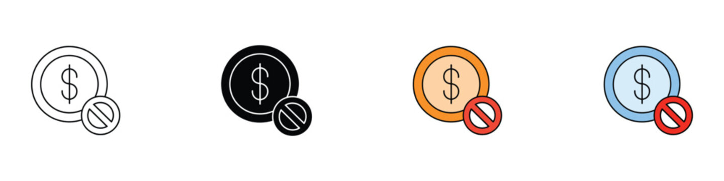 Payment blocked and canceled transaction icon set. Vector illustration of dollar coin with access denied or restriction stop sign in outline, glyph, and colorful flat design styles.