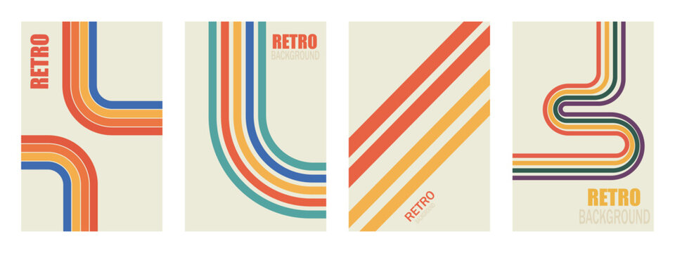 Retro geometric stripes poster and vintage abstract line banner set. Vector illustration of 1970s nostalgic vertical backgrounds with colorful parallel curves for trendy cover design.