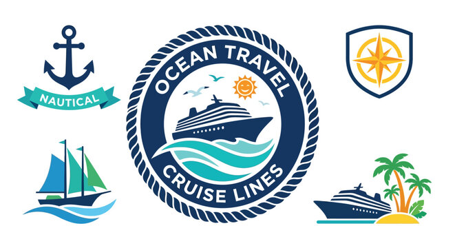 Nautical emblems and cruise ship icons with ocean travel themes