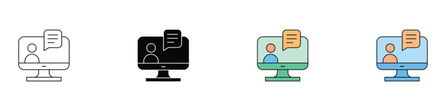 Online webinar training and desktop live conference icon set. Vector illustration of computer monitor screen with user profile and speech bubble for learning in flat and outline styles.