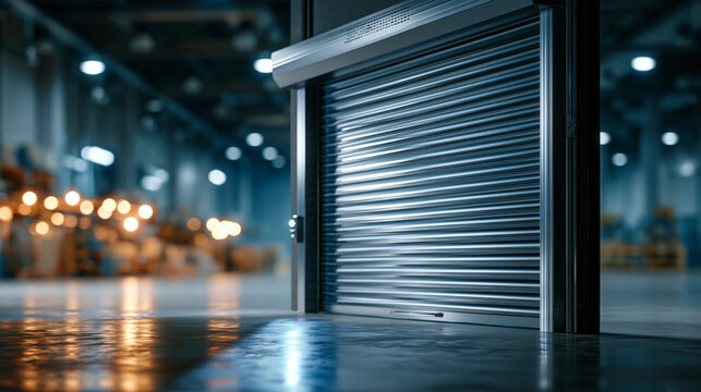 Front view of a large industrial rolling shutter door in a closed position, the clean polished concrete floor reflecting subtle blue-grey light in an empty modern warehouse or factory