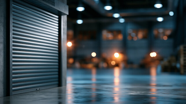 Front view of a large industrial rolling shutter door in a closed position, the clean polished concrete floor reflecting subtle blue-grey light in an empty modern warehouse or factory