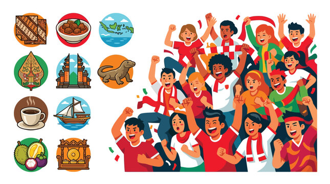 Indonesian Culture Vector Illustration with Icons of Batik, Rendang, Wayang, Gamelan, and Komodo Dragon next to a Group of Enthusiastic Fans in Red and White National Apparel.