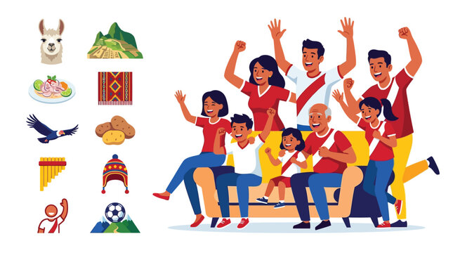 Flat vector illustration of Peruvian family and fans cheering on a couch with cultural icons like Machu Picchu, llama, ceviche, panpipes, potatoes, condor, and a chullo hat.