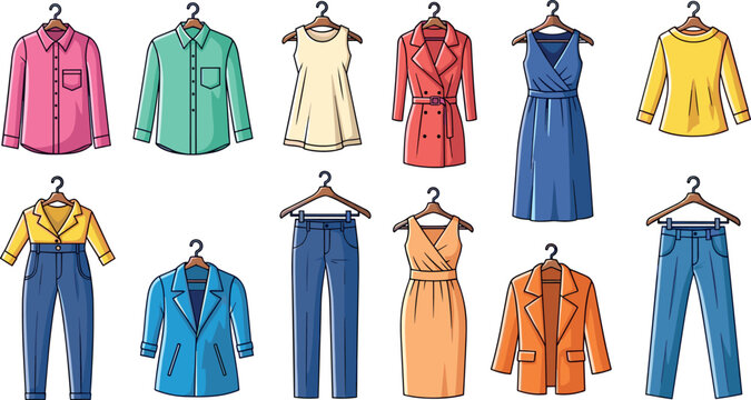 Fashion clothing vector collection featuring formal dresses shirts trousers coats jackets on hangers for wardrobe boutique retail store display