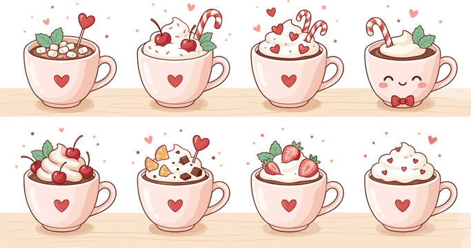Cute hot chocolate and coffee cups collection with whipped cream candy canes and sweet toppings vector illustration