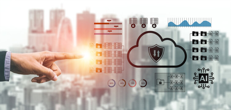 Futuristic representation of data security with cloud technology and digital connectivity showcased in an urban setting, ideal for business and tech projects. Gantry