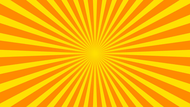 Abstract sunburst yellow and orange radial sunrays background perfect for modern designs, banner, advertisement and presentations. Sunbeam flat style backdrop. Vector illustration.
