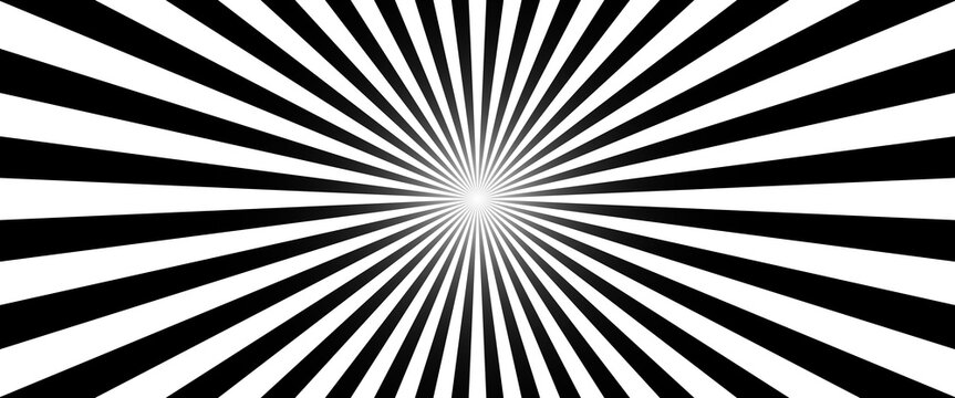 Abstract sunburst black and white radial sunrays background perfect for modern designs, banner, advertisement and presentations. Sunbeam flat style backdrop. Vector illustration.