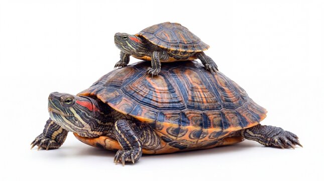 Small turtle resting on the shell of a larger turtle as seen in this photo on white background
