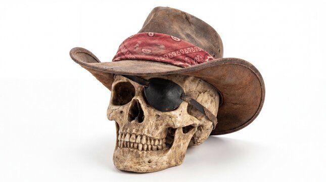 Human skull wearing a worn leather cowboy hat and black eye patch on white background