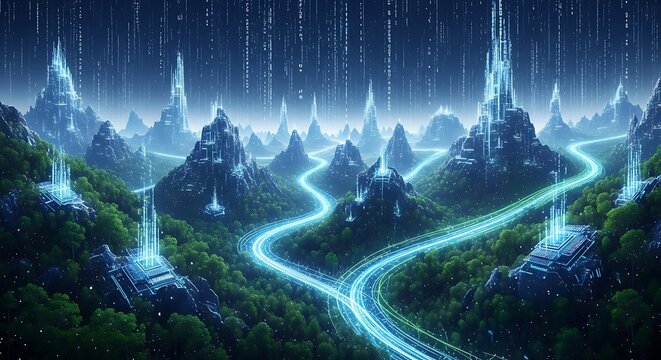 Digital landscape featuring glowing neon data streams flowing through a futuristic mountain range with towering crystalline structures and lush forests