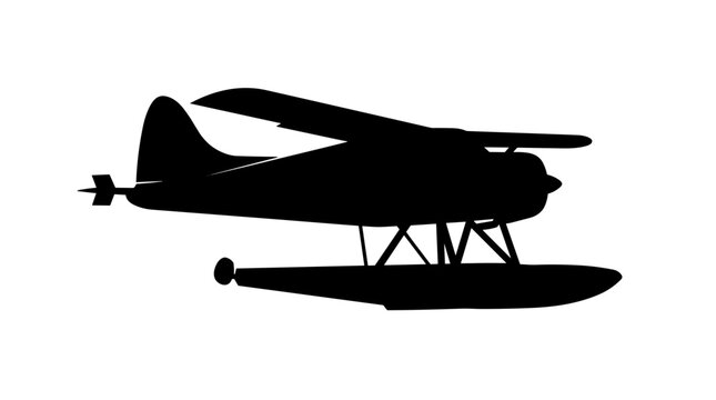 Silhouette of a vintage seaplane on a white background.