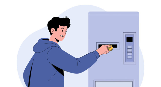 Man inserts coin into vending machine for automated purchase, convenience