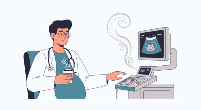 Doctor with Coffee and Ultrasound Machine