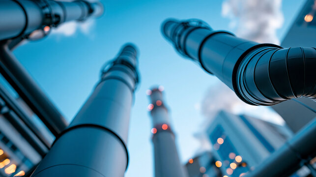 Low-angle upward view of tall industrial chimney stacks rising against a bright clear blue sky, the vertical industrial structures creating a dramatic geometric composition representing