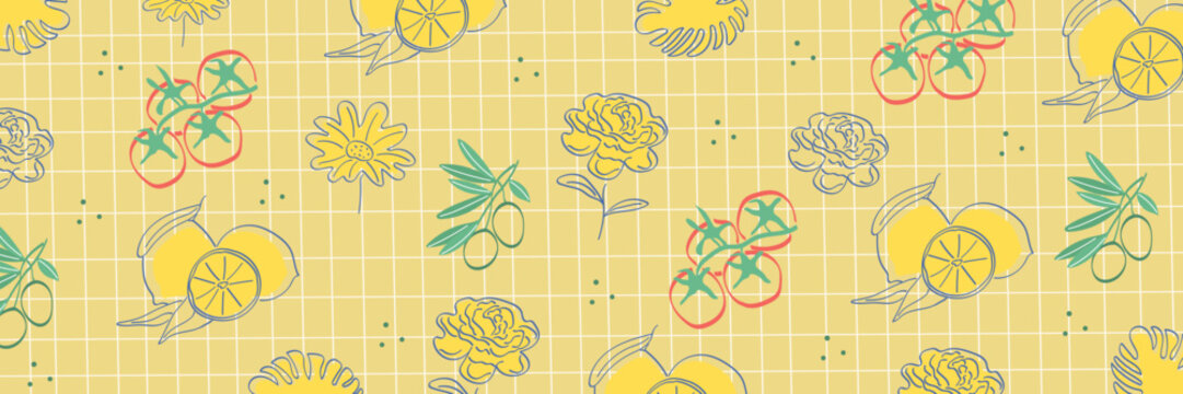 Summer print on the Amalfi coast with lemons, tomatoes, olives on a checkered pattern