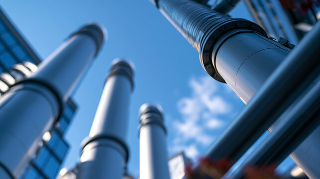 Low-angle upward view of tall industrial chimney stacks rising against a bright clear blue sky, the vertical industrial structures creating a dramatic geometric composition representing
