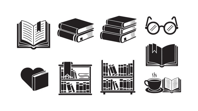 Set of minimalist reading and book study icons with transparent background