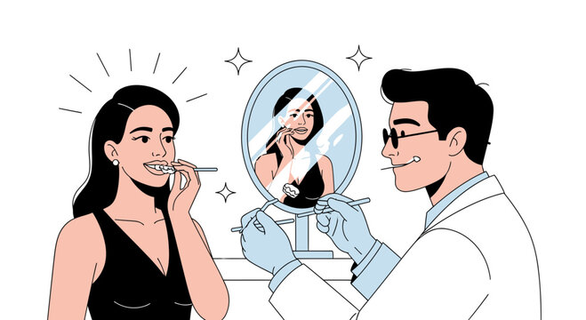 Dentist examining woman's smile in mirror, dental hygiene concept