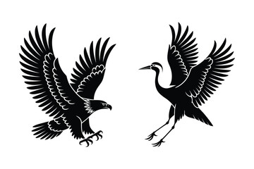 Fototapeta premium Soaring eagle and elegant crane birds flying vector silhouettes with wildlife
