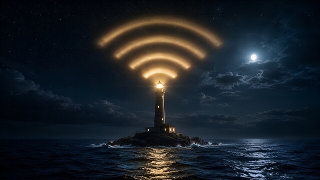 Lighthouse projecting glowing wifi signal over ocean at night