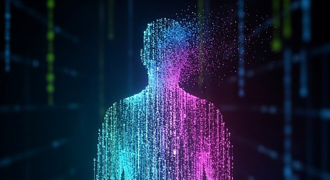 Human silhouette formed by glowing digital binary code particles representing artificial intelligence and advanced data processing in modern virtual space