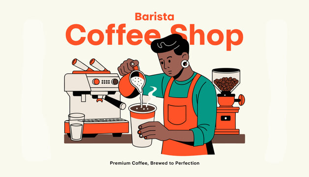 An illustration of a barista pouring milk into a coffee cup at a coffee shop, with a coffee machine and grinder in the background, depicting premium coffee.