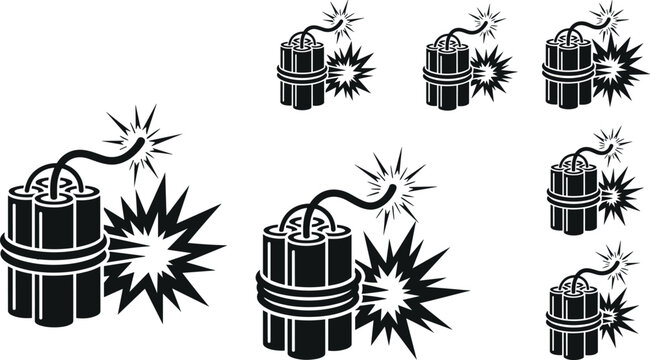 Dynamite stick vector icon set with burning fuse and blast sparks for explosive mining construction logo design elements