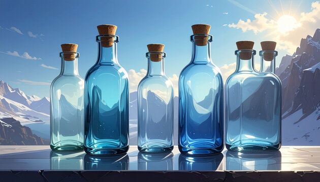 Bottles on table with mountain background
