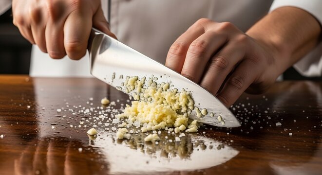 Chef finely chopping garlic on a reflective wooden surface with a sharp knife.