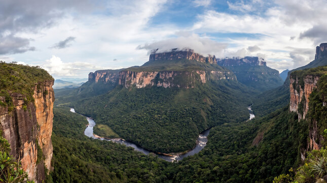 A breathtaking aerial view of Mount Roraima tepui flat-top mountain surrounded by clouds, featuring dramatic waterfalls cascading down its cliffs and a beautiful rainbow in the sky.