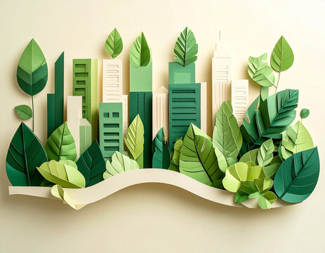 Paper cityscape with green leaves