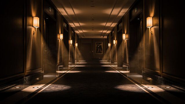 A long, empty luxury hotel corridor in the middle of the night, soft, warm wall lamps creating cinematic pools of light on the dark carpeted floor.