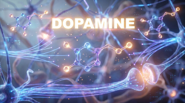 Dopamine neurotransmitter molecular model, glowing chemical formula structure, transmitting signals between neurons, inside microscopic brain cell environment, medical illustration