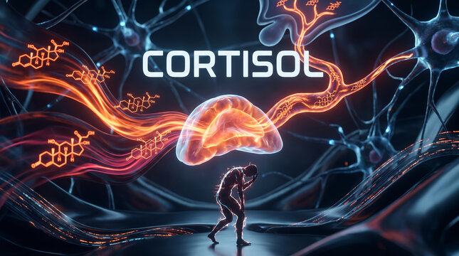 Cortisol stress hormone biological concept, glowing chemical structures with distressed human silhouette, kneeling in pain, inside dark abstract neurological environment, medical science illustration