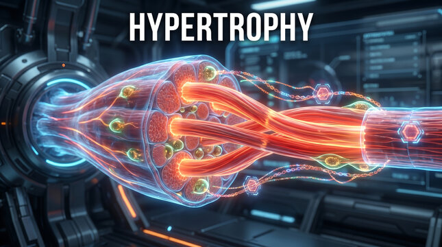 Muscle hypertrophy anatomical cross section, glowing red muscle fiber bundles, expanding outward, inside futuristic laboratory chamber, anatomy illustration