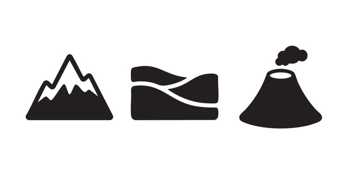 Black Silhouette Set of Mountain Landscape, Volcano and Hills