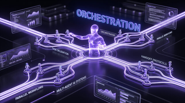 Multi-agent AI systems orchestration diagram, with purple glowing connecting lines and digital dashboards, central human hologram delegating tasks to multiple small robots