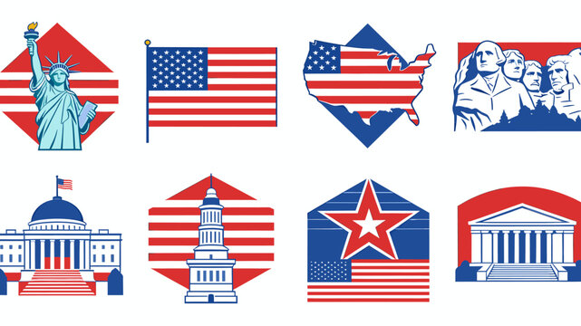 Collection of iconic American symbols and landmarks in stylized red, white, and blue illustrations, including the Statue of Liberty, US flag, Capitol, and Mount Rushmore.