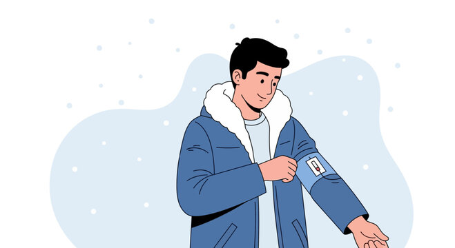 Person applying a patch to arm in cold weather, winter illustration
