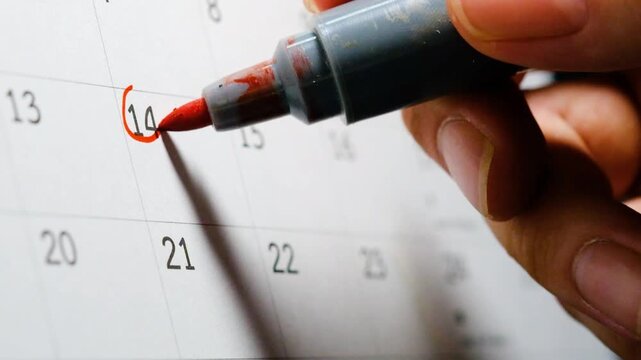 Deadline reminder concept with hand marking important date on calendar representing schedule planning, appointment management, productivity, business organization and time management.