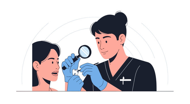 Medical Examination, Doctor Checking Patient's Ear with Magnifying Glass, Healthcare Concept