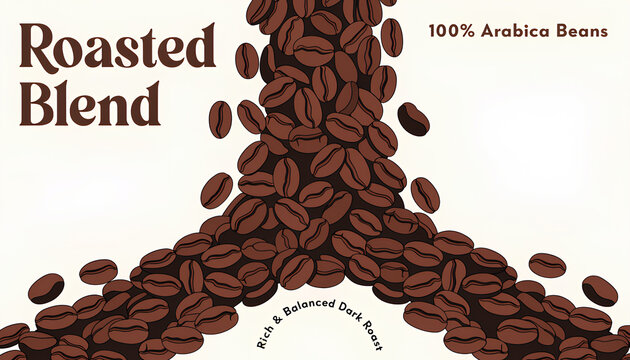 A close-up view of roasted coffee beans cascading down, with text indicating "Roasted Blend" and "100% Arabica Beans".
