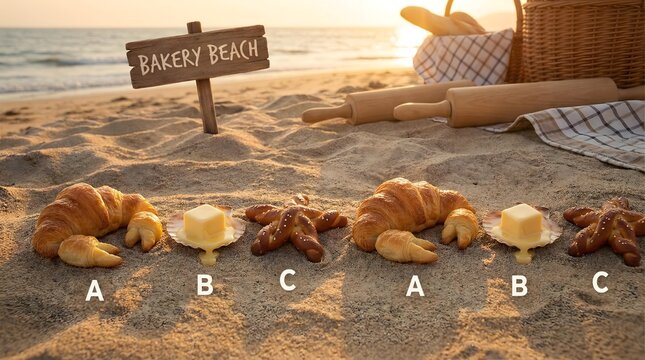 pattern recognition work sheets for kid with colorful educational activities Whimsical Bakery Beach Scene with Croissants, Pretzels, and Butter at Sunrise for Culinary Delight