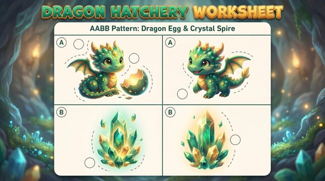 pattern recognition work sheets for kid with colorful educational activities Interactive Dragon Hatchery Educational Worksheet for Kids with Crystal Patterning and Matching Game