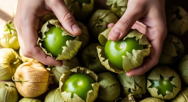 Fresh Green Tomatillos Being Handled in a Close-Up View.