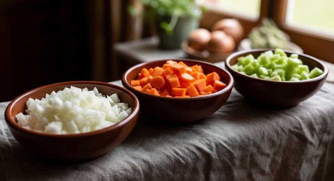 Three Bowls of Diced Vegetables Ready for Cooking.